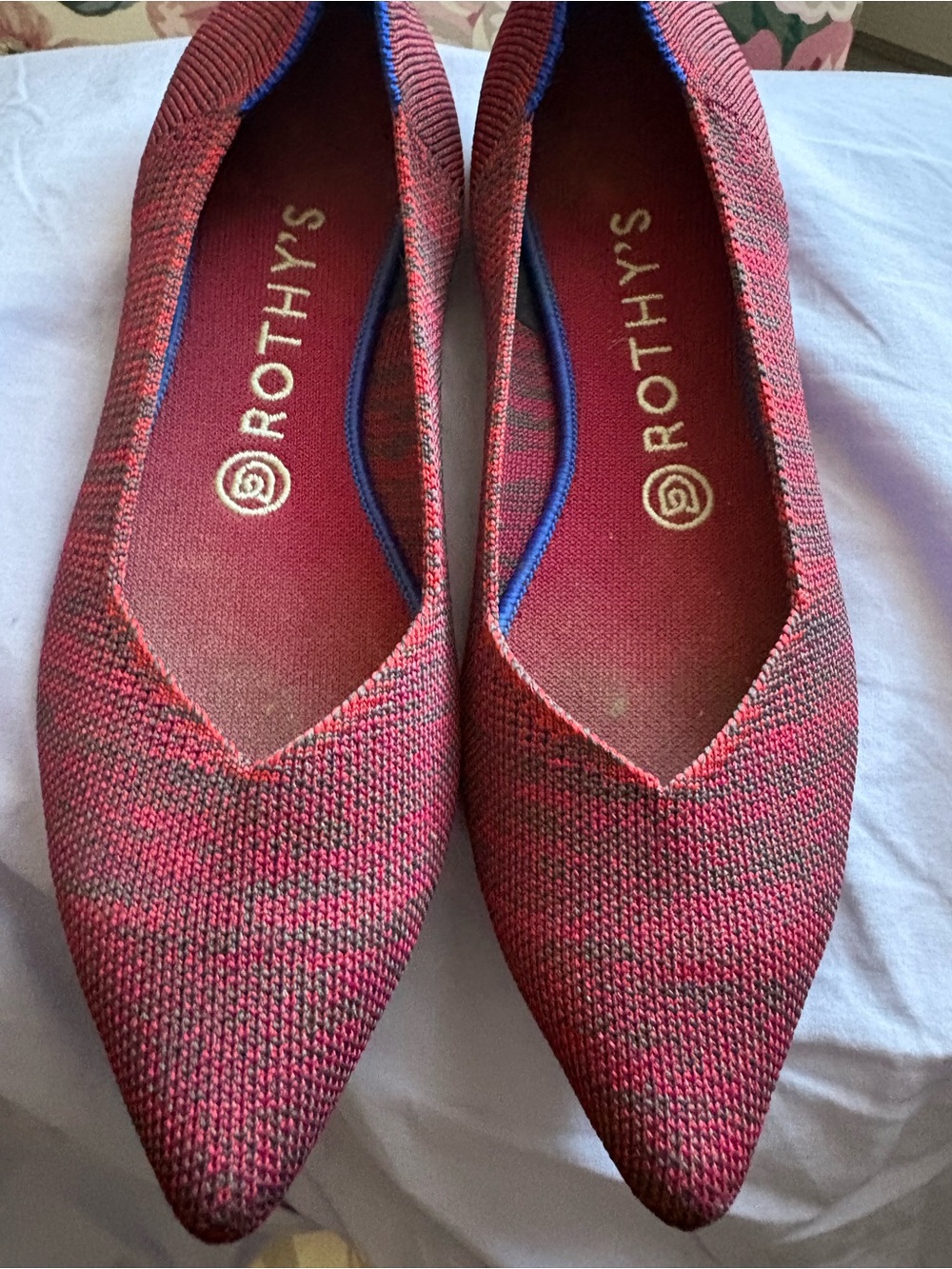 Rothy's Pointed Knit Flats in Red and Blue Trim